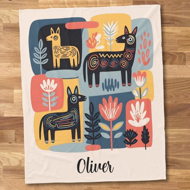 Whimsical Tribal Animals Floral Folk Art Fleece Blanket (Creator Uploaded)