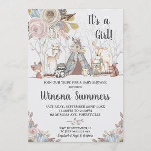 Whimsical Tribal Woodland Animals Baby Shower Girl Invitation