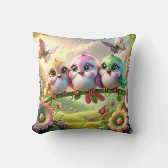 Whimsical Trio of Springtime Songbirds Cushion (Front)