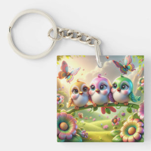 Whimsical Trio of Springtime Songbirds Key Ring