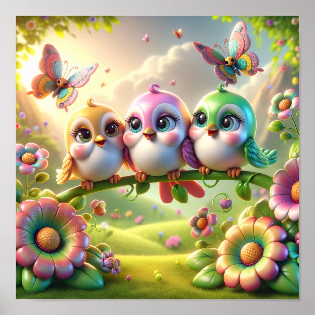Whimsical Trio of Springtime Songbirds Poster (Front)