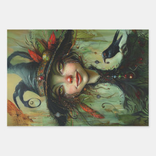 Whimsical Trio Witches Decoupage  Wrapping Paper Sheet