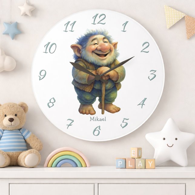 Whimsical Troll Gnome Wall Decor Kids Custom Name  Large Clock (Creator Uploaded)