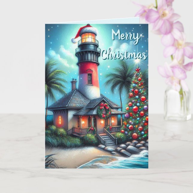 Whimsical Tropical Christmas Lighthouse Teal Red Card (Orchid)
