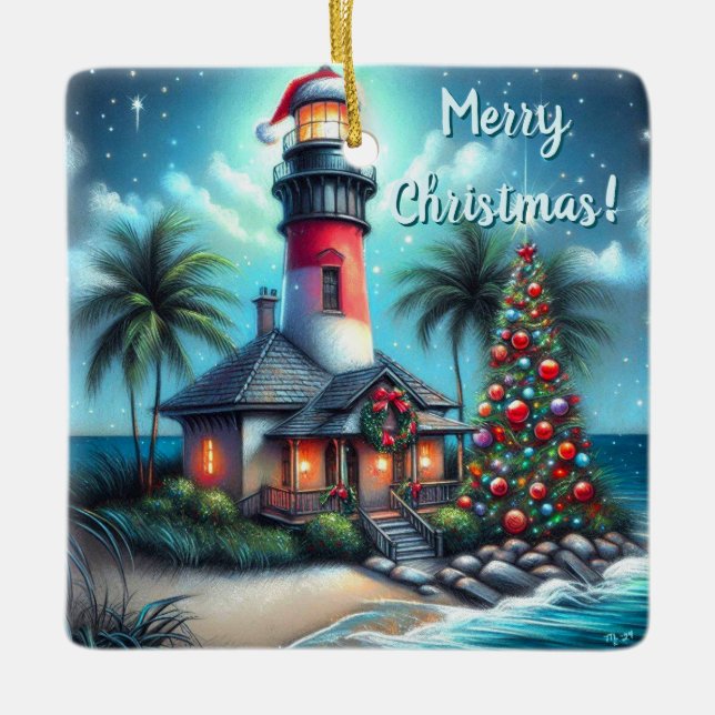 Whimsical Tropical Christmas Lighthouse Teal Red Ceramic Ornament (Front)