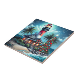 Whimsical Tropical Christmas Lighthouse Teal Red Ceramic Tile