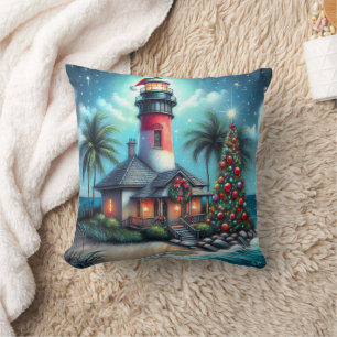 Whimsical Tropical Christmas Lighthouse Teal Red Cushion
