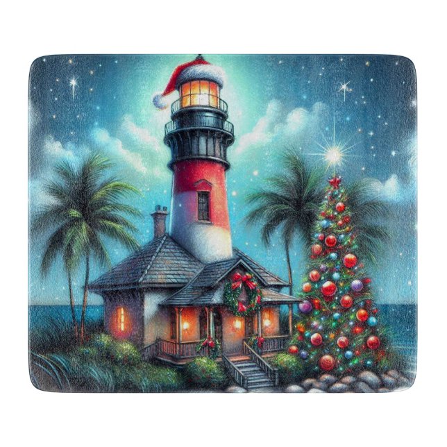 Whimsical Tropical Christmas Lighthouse Teal Red Cutting Board (Front)
