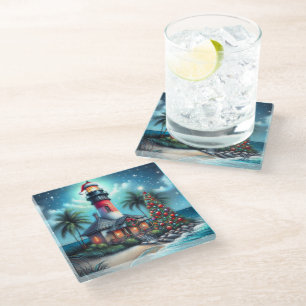 Whimsical Tropical Christmas Lighthouse Teal Red Glass Coaster