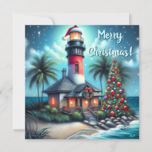 Whimsical Tropical Christmas Lighthouse Teal Red Holiday Card