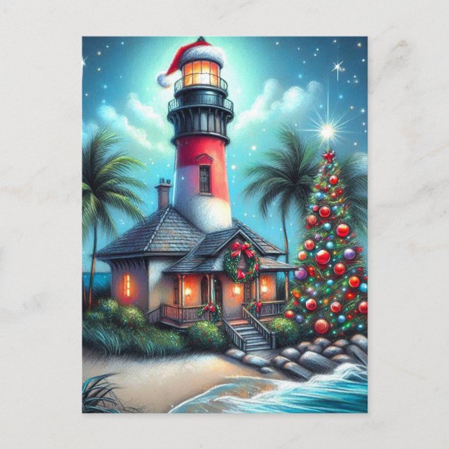 Whimsical Tropical Christmas Lighthouse Teal Red Holiday Postcard (Front)