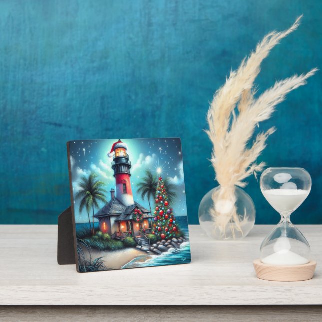 Whimsical Tropical Christmas Lighthouse Teal Red Plaque (Insitu)