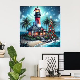 Whimsical Tropical Christmas Lighthouse Teal Red Poster