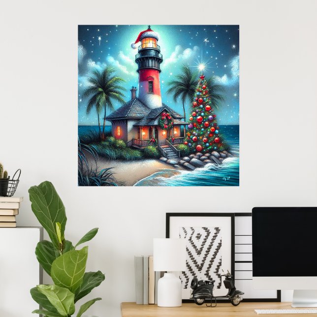 Whimsical Tropical Christmas Lighthouse Teal Red Poster (Home Office)