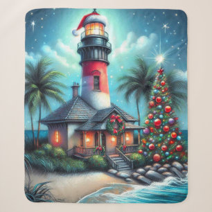 Whimsical Tropical Christmas Lighthouse Teal Red Sherpa Blanket