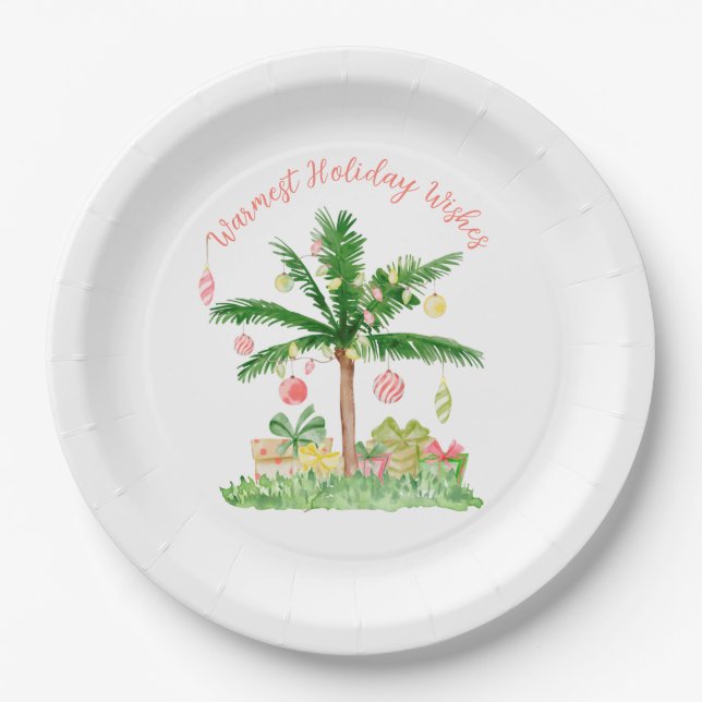 Whimsical Tropical Christmas Lights Holiday Scene Paper Plate (Front)