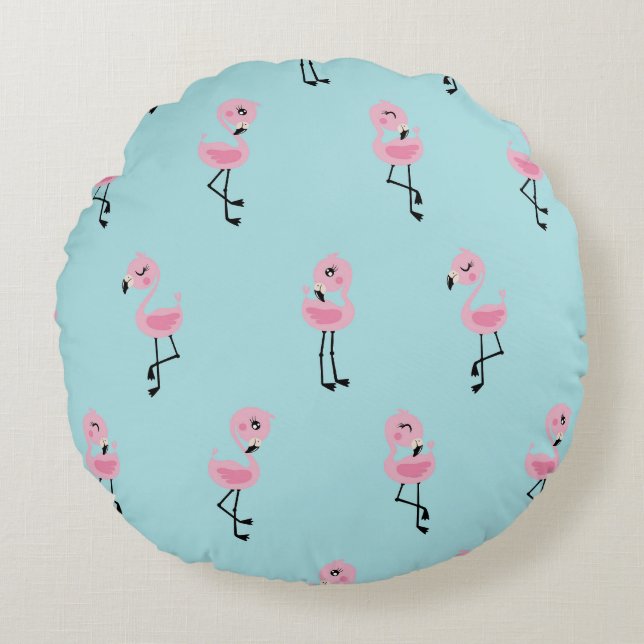 Whimsical tropical flamingos round cushion (Front)