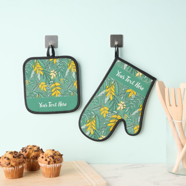 Whimsical Tropical Floral Leaf Print Oven Mitt & Pot Holder Set (Insitu(Hanging))