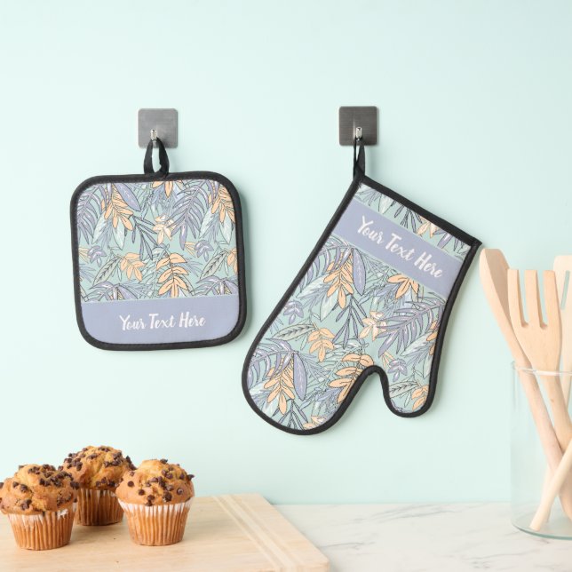 Whimsical Tropical Floral Leaf Print Oven Mitt & Pot Holder Set (Insitu(Hanging))