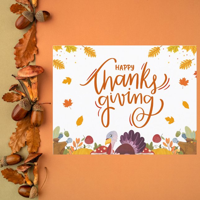 Whimsical Turkey and Autumn Leaves Thanksgiving Postcard (Creator Uploaded)