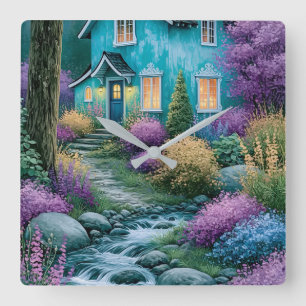 Whimsical Turquoise Cottage Enchanted Garden Wall Square Wall Clock