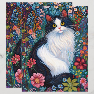 Whimsical Tuxedo Cat Wildflowers Scrapbook Paper