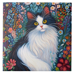 Whimsical Tuxedo Cat with Wildflowers Ceramic Tile