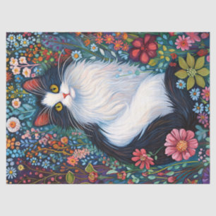 Whimsical Tuxedo Cat with Wildflowers Decoupage Tissue Paper