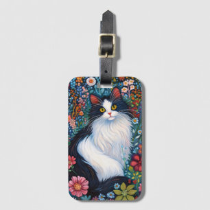 Whimsical Tuxedo Cat with Wildflowers Luggage Tag