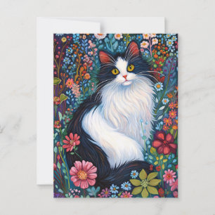 Whimsical Tuxedo Cat with Wildflowers Postcard