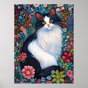 Whimsical Tuxedo Cat with Wildflowers Poster