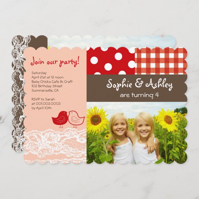 Whimsical Twin Birds Lace Birthday Party Invite (Front/Back)