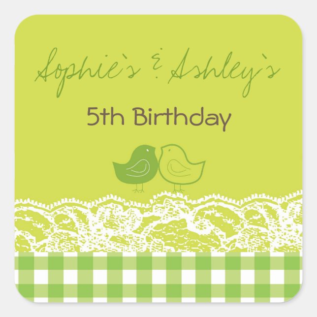 Whimsical Twin Birds Lace Birthday Party Sticker (Front)