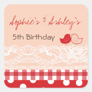 Whimsical Twin Birds Lace Birthday Party Sticker