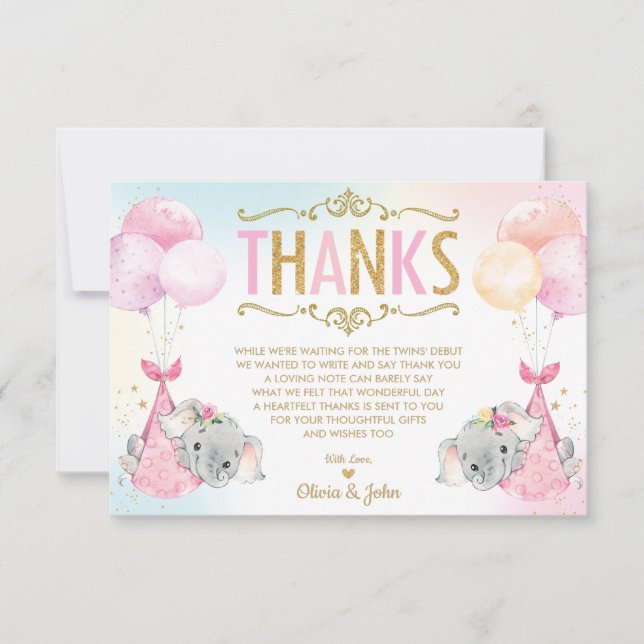 Whimsical Twin Girls Elephant Baby Shower Sprinkle Thank You Card (Front)