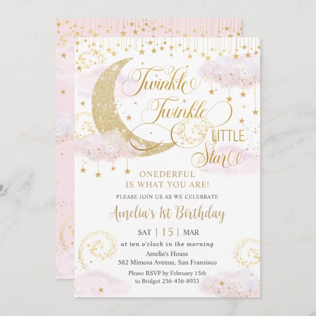 Whimsical Twinkle Little Star Pink 1st Birthday Invitation (Front/Back)