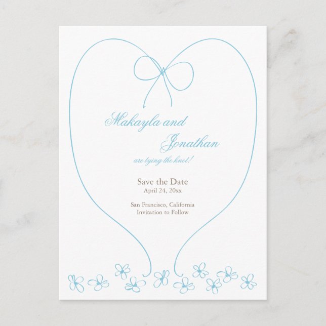 Whimsical Tying the Knot Save the Date: Blue Announcement Postcard (Front)