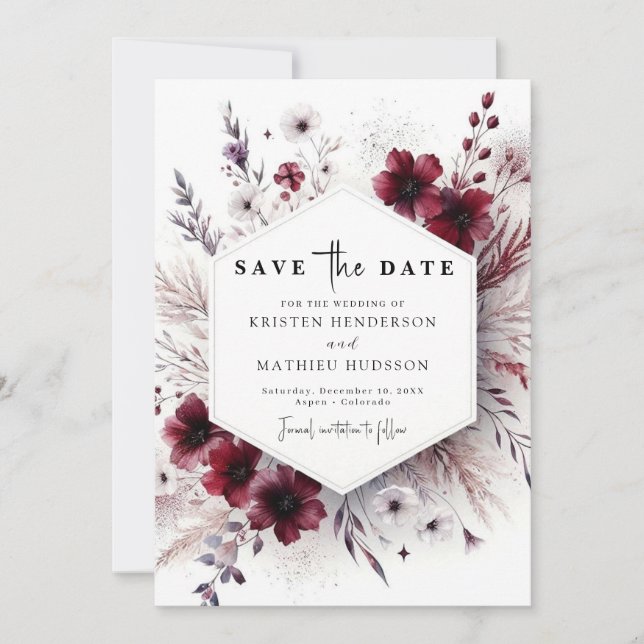 Whimsical Typography Burgundy Wedding Save The Date (Front)