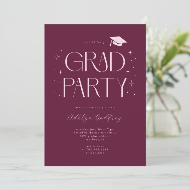 Whimsical Typography Cranberry Graduation Party Invitation (Standing Front)