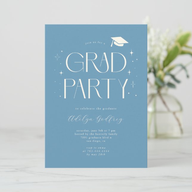 Whimsical Typography Denim Blue Graduation Party Invitation (Standing Front)