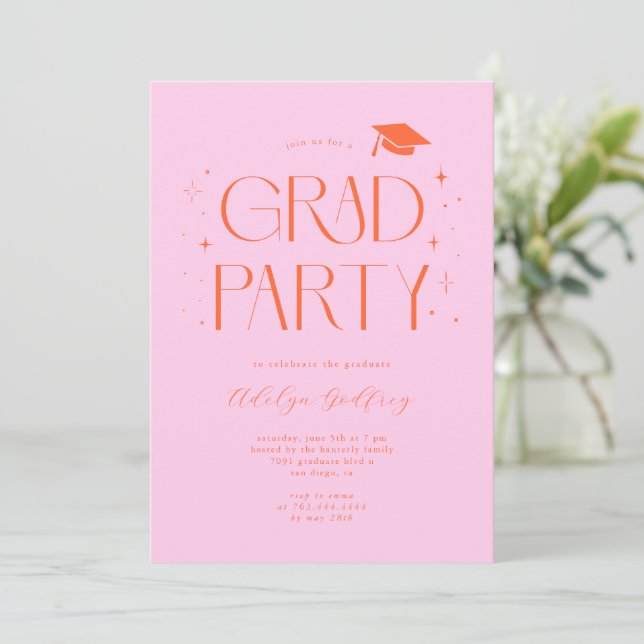 Whimsical Typography Orange Pink Graduation Party Invitation (Standing Front)