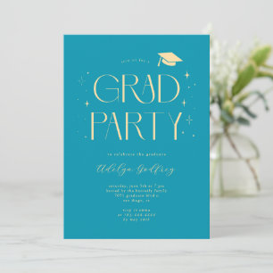 Whimsical Typography Stars Aqua Graduation Party Invitation