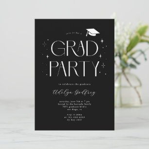 Whimsical Typography Stars Black Graduation Party Invitation