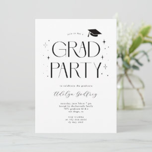 Whimsical Typography Stars White Graduation Party Invitation