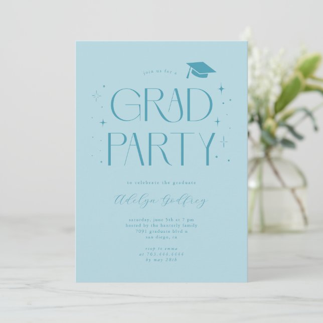 Whimsical Typography Turquoise Graduation Party Invitation (Standing Front)