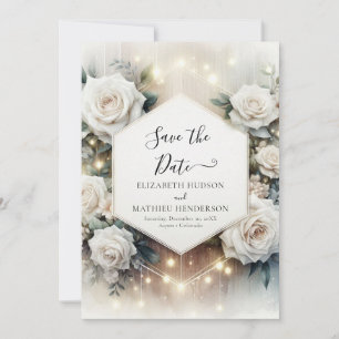 Whimsical Typography White Roses Wedding Save The Date