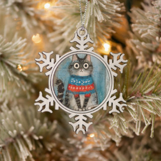 Whimsical Ugly Christmas Sweater Cat Snowflake Pewter Christmas Ornament