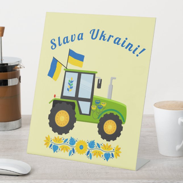 Whimsical Ukraine Tractor  Pedestal Sign (In SItu)