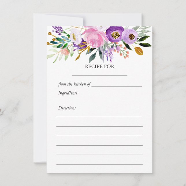 Whimsical Ultraviolet Gold Pink Floral Recipe Card (Front)