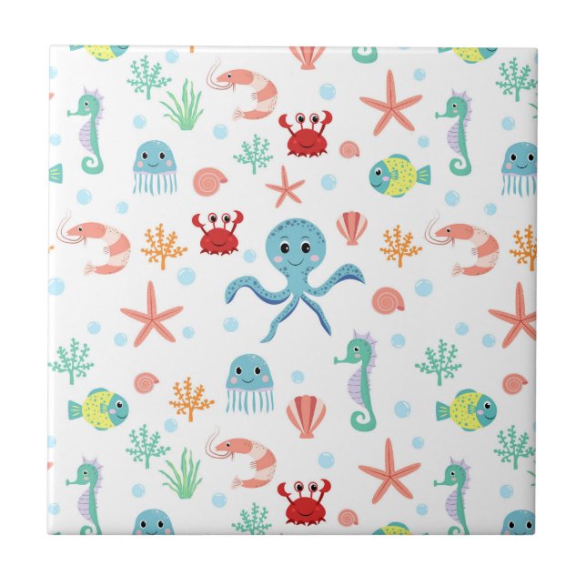 Whimsical Underwater Sea Creatures Ceramic Tile (Front)